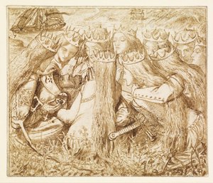 Tervezés Moxon Tennyson - Arthur király és a síró királynők számára alkotó: Dante Gabriel Charles Rossetti
